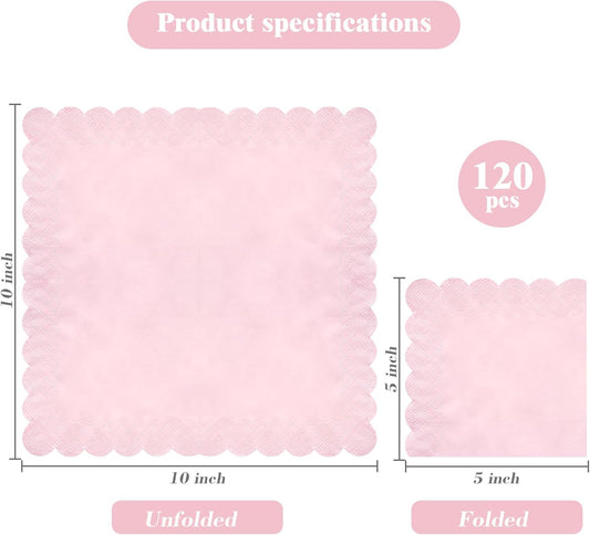 120 Pcs Pink Scalloped Cocktail Napkins,2-Ply Pink Disposable Beverage Party Napkins for Dinner Wedding Birthday Baby Shower