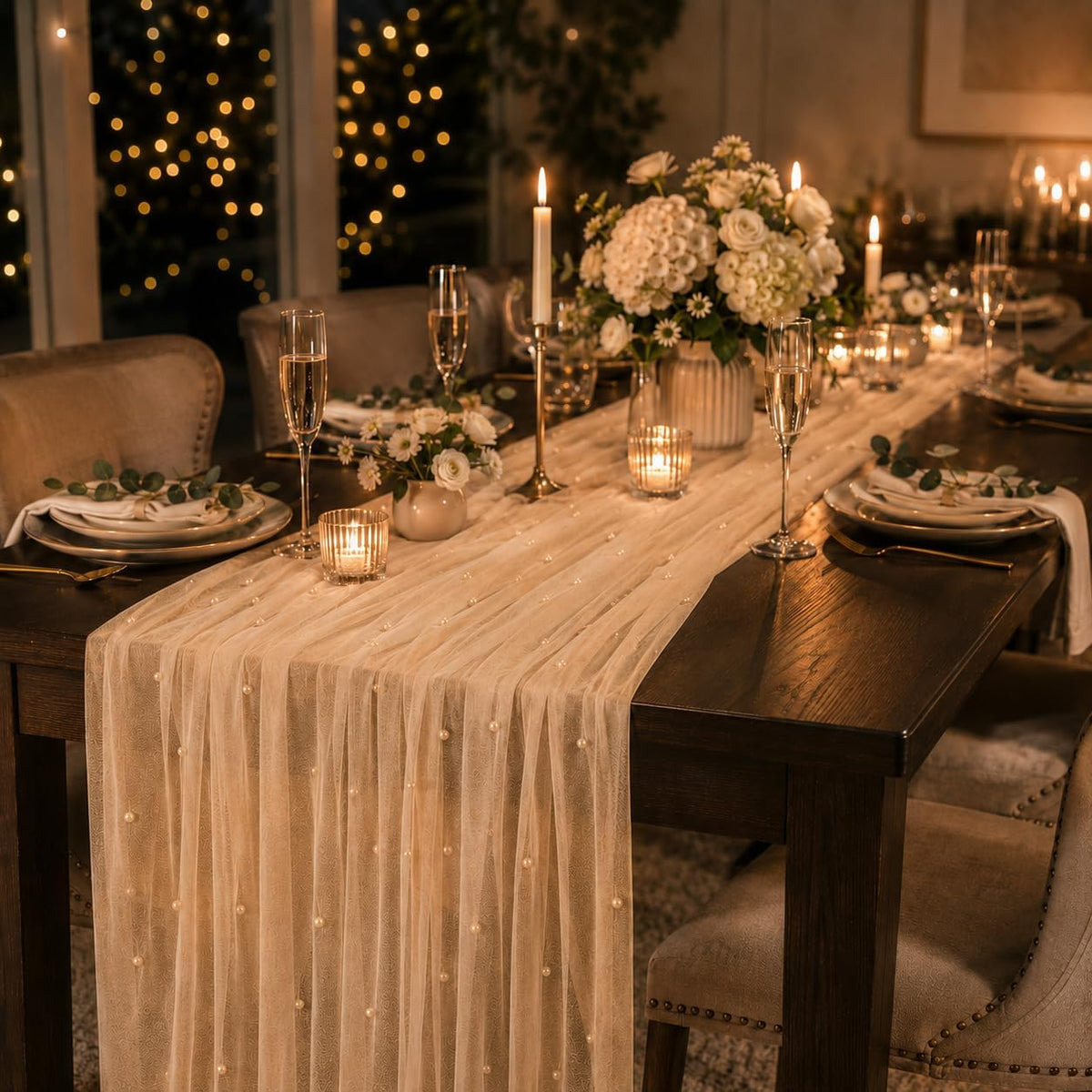 Pearl Tulle Lace Table Runner Boho Rustic Wedding Baby Shower Home Decor