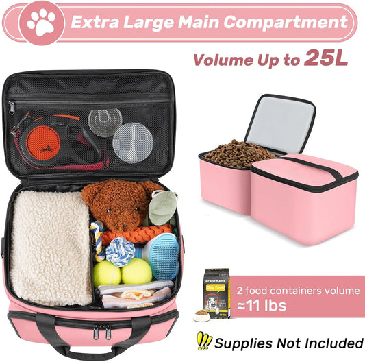 6 Set Dog Travel Bag, Large Pet Supplies for Dogs, Includes 2 Collapsible Dog Bowls, 2 Food Containers, 1 Treat Pouch with Pet Travel Bag, Pink