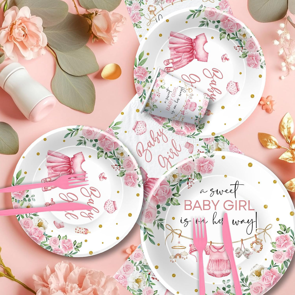 Baby Girl Baby Shower Decorations Supplies, Pink Floral, Serves 24