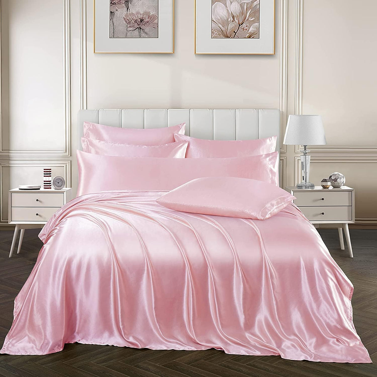 7 Pieces Silk Satin Sheets Set Full Size, Rust Blush Pink Color with 1 Fitted Sheet Deep Pocket Upto 15 inch, 1 Soft Flat Sheet, 4 Queen Pillowcases and 1 Body Pillowcase