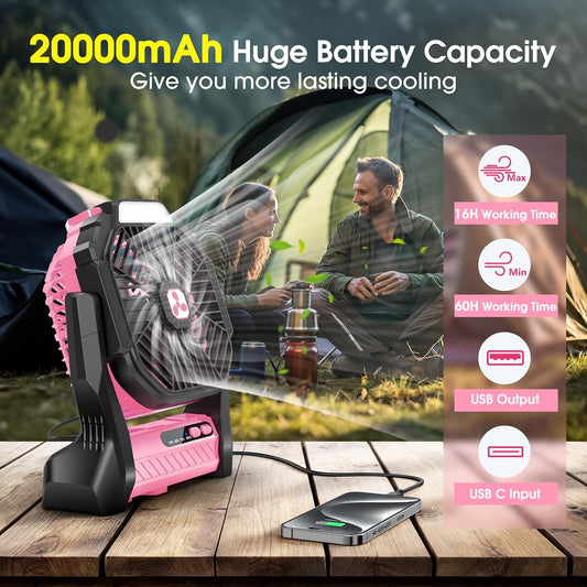 Portable Rechargeable Fan, 20000mAh Cordless Battery Powered Camping Tent Fans with LED Lantern, Operated Outdoor Ventiladores for Travel Camp Fishing Office Home Essentials