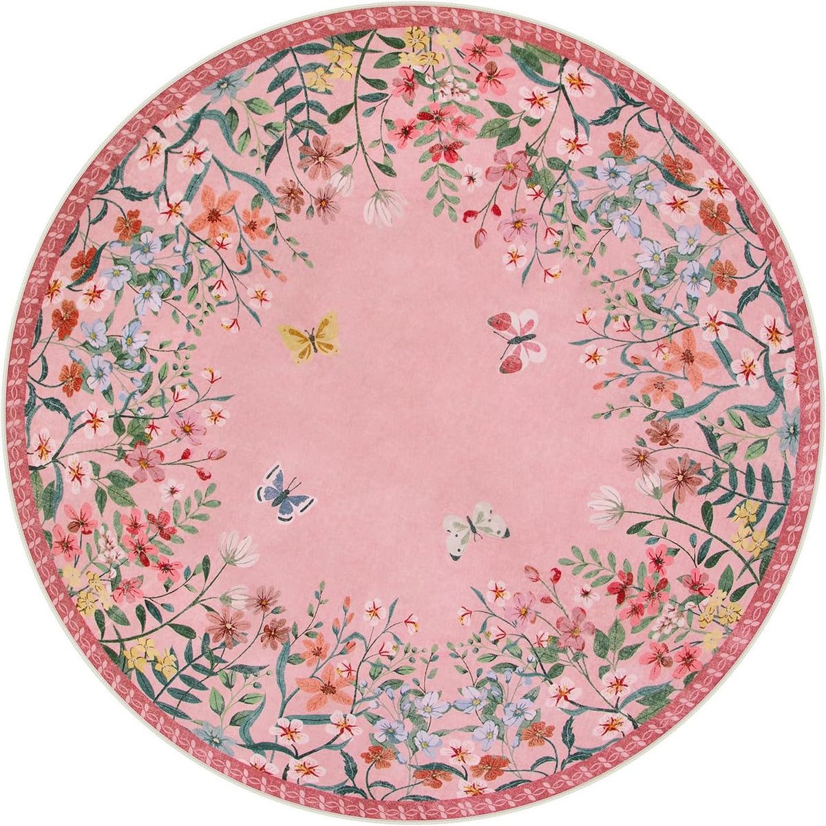 5ft Round Washable Area Rug, Pink Floral Nursery Rug, Low Pile Soft Circle Rug for Kids Playroom, Boho Flower Accent Carpet, Girls Room Vanity Decor (5ft Round Pink)