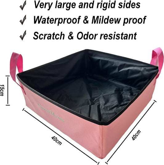 Portable Cat Litter Box, Firm Waterproof Foldable for Travelling for Cats, Including Crinkle Ball, Poop Bags, Foldable Bowl and Scoop, 16.5x16.5x6.3 inches (Pink)