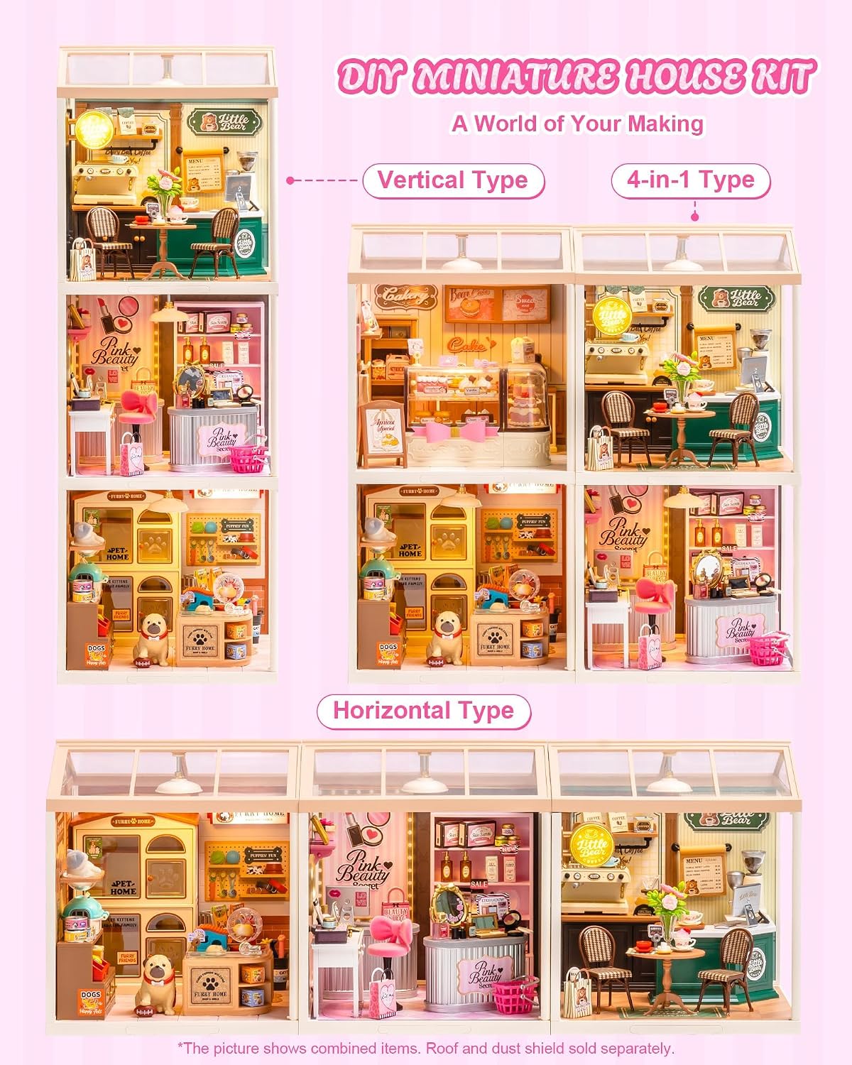 Super Creator Pink Beauty Secret DIY Miniature House Kit - No Glue Plastic Click-Assembly Dollhouse with Type-C LED Light - Stackable Room Box Toy for Adults and Teens (115 PCS)