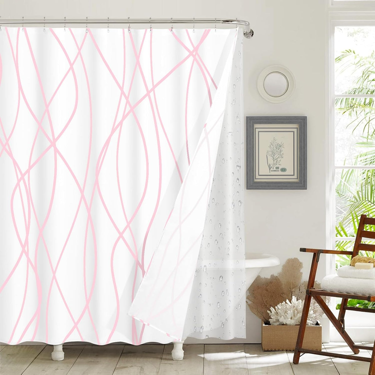Shower Curtain with Liner, Pink Wave Stripe, 3 in 1 Shower Curtain with 12 Rust Proof Double Sided Metal Hooks, Double Layers Shower Curtains for Bathroom, W72 x H72
