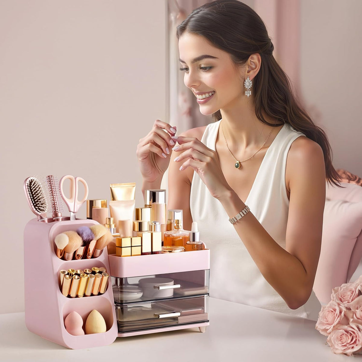 Makeup Organizer with Brush Holder for Vanity, Large Plastic Bathroom Countertop Organizer Skin Care Storage, Easy to Store Lipsticks, Nail Polishes, Perfumes, Eyeshadow Palettes, Pink