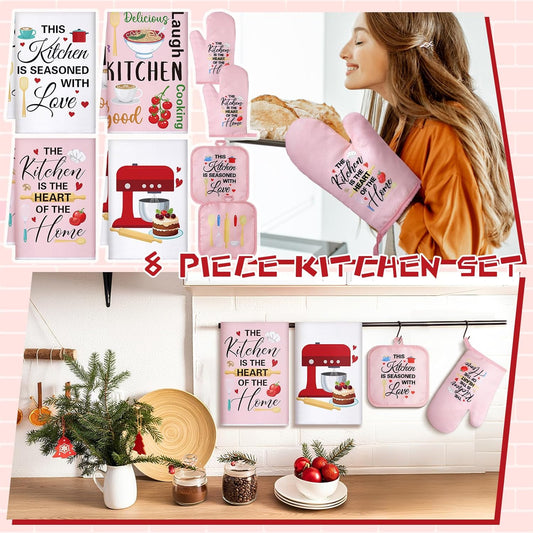 8 Pcs Kitchen Towels and Oven Mitts Sets Pot Holders Dishcloths Set Kitchen Decorative Accessories Absorbent Potholders Heat Resistant for Chef Baking Cooking(Pink,Food)