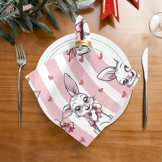 Cloth Napkins 4PCS, Rabbit Flower Bow Heart Pink and White Stripes Pattern 20x20 Inch Reusable Dinner Washable Soft Absorbent Square Napkins for Dining Kitchen Party Wedding Decoration