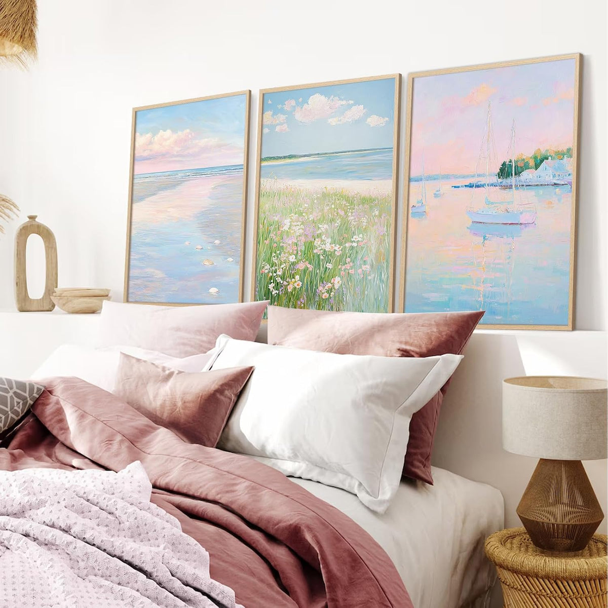 Pink Beach Wall Art Preppy Coastal Canvas Wall Decor Summer Beachy Posters Aesthetic Ocean Pictures Pastel Pink Beach Prints Painting Coastal Artwork for Living Room Bedroom 12x16 Inch Unframed 3Pcs
