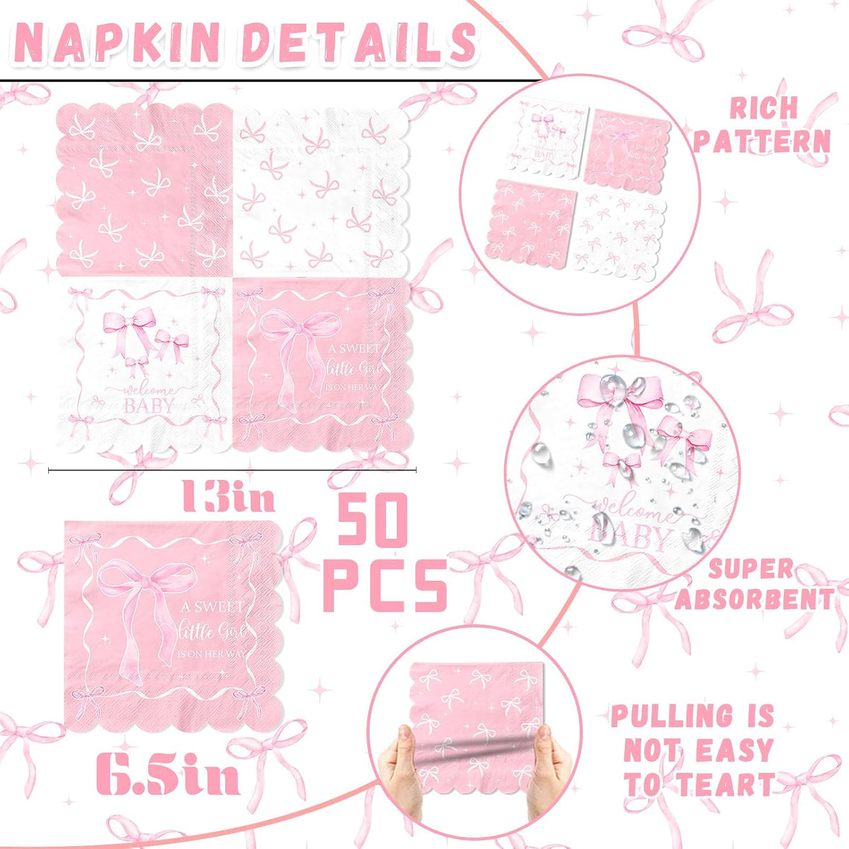 50Pcs Pink Bow Baby Shower Napkins,A Sweet Little Girl is on Her Way Party Decorations Coquette Bow Birthday Party Napkins for Sweet Baby Girl Baby Shower,Pink Bow Birthday Party Decor