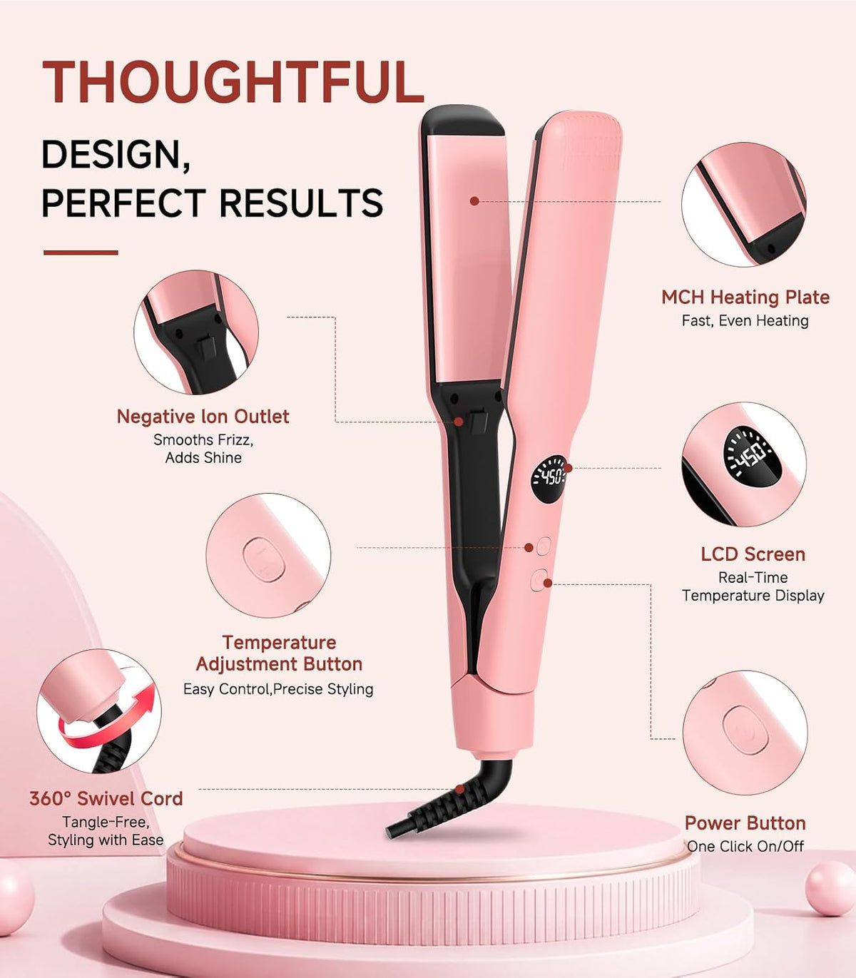 Hair Straightener,11 Temp, Ceramic Floating Plate with LED Display,Wide Flat Iron, Negative Ion, Auto Shut-Off & Global Voltage, Pink
