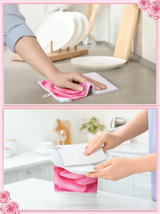 4 Pcs Pink Rose Kitchen Towels Flower Floral Hand Dish Towels Pink Buffalo Plaid Absorbent Dishcloth Fast Drying Decor Housewarming Gift for Women Mom Cooking Kitchen Bathroom