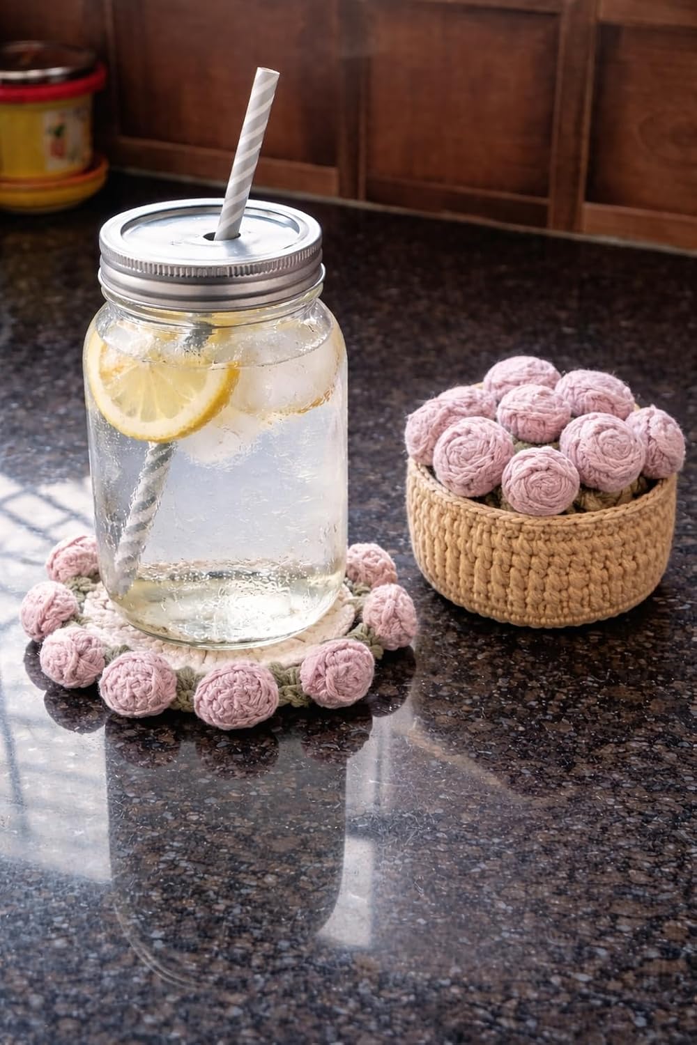 Handmade Crochet Coaster Set with Mini Basket | Boho Floral Rose Coasters for Coffee Table, Wedding Gift, Housewarming & Birthday Décor (Pattern 4)