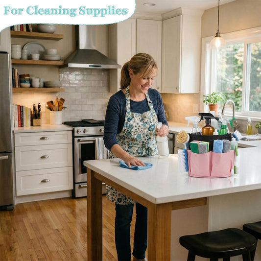 Portable Cleaning Organizer, 17L Cleaning Bucket, Collapsible Shower Caddy with 6 Pockets for Cleaning Supplies, Bathroom, Kitchen, RV, Dorm, Garden, Black with Pink