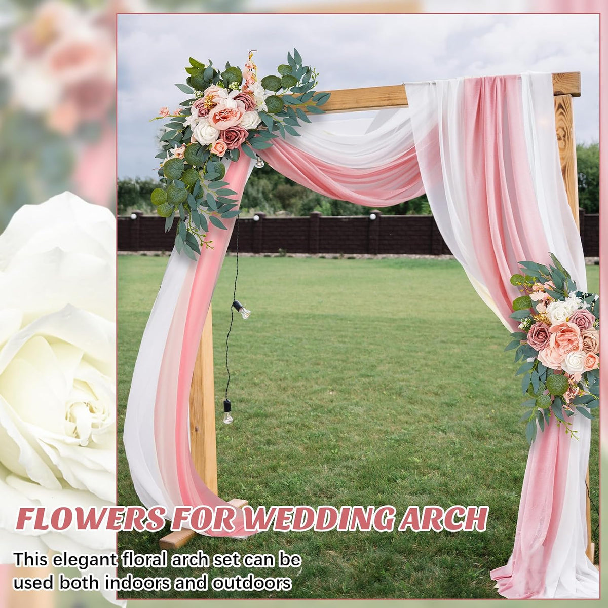 Thiccywoov 4 Pcs Wedding Arch Flowers and Drape Kit Include 2 Artificial Floral Swag and 2 Chiffon Drapes, Faux Flower Set for DIY Wedding Party Reception Ceremony Backdrop Rose Decoration (Pink)