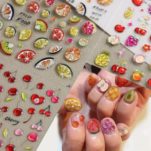 Fruit Nail Art Stickers 5D Embossed Luxury Nail Decals Lemon Cherry Grape Peach Pineapple Fruit Nail Design Stickers Designer Nail Art Supplies Manicure Decorations Accessories for Women, 3Sheets