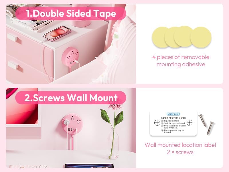 Pink 2 Prong Power Strip with USB C, Pink Extension Cord 10 FT, 2 Prong to 3 Prong Outlet Adapter, 180° Rotatable Plug, 3 Outlets 4 USB Ports, Non-Grounded Outlets for Vanity Desk, Travel