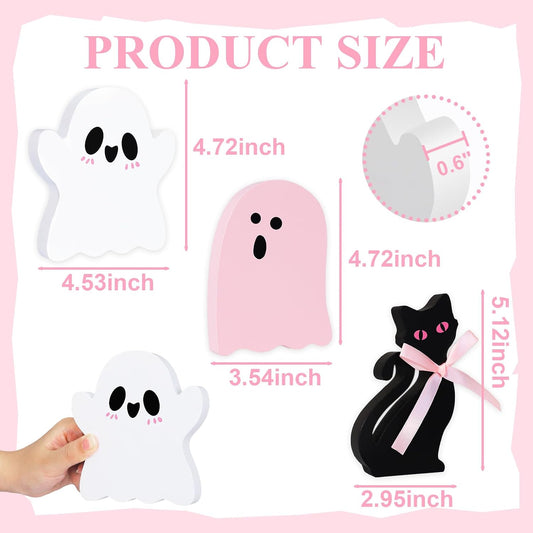 3Pcs Pink Cute Halloween Decor, Pink Ghost Decor Pastel Halloween Tiered Tray Decorations Indoor Ghost Cat Wooden Decors for Office Home Decoration