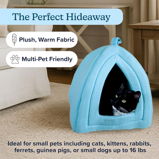 Cat House Indoor Cat Bed with Removable Foam Cushion, Plush Cat Tent Bed for Small Pets, Comfortable Cozy Hideaway for Cats, Kittens, Rabbits, Guinea Pigs, Ferrets, Hedgehogs, by PETMAKER (Blue)