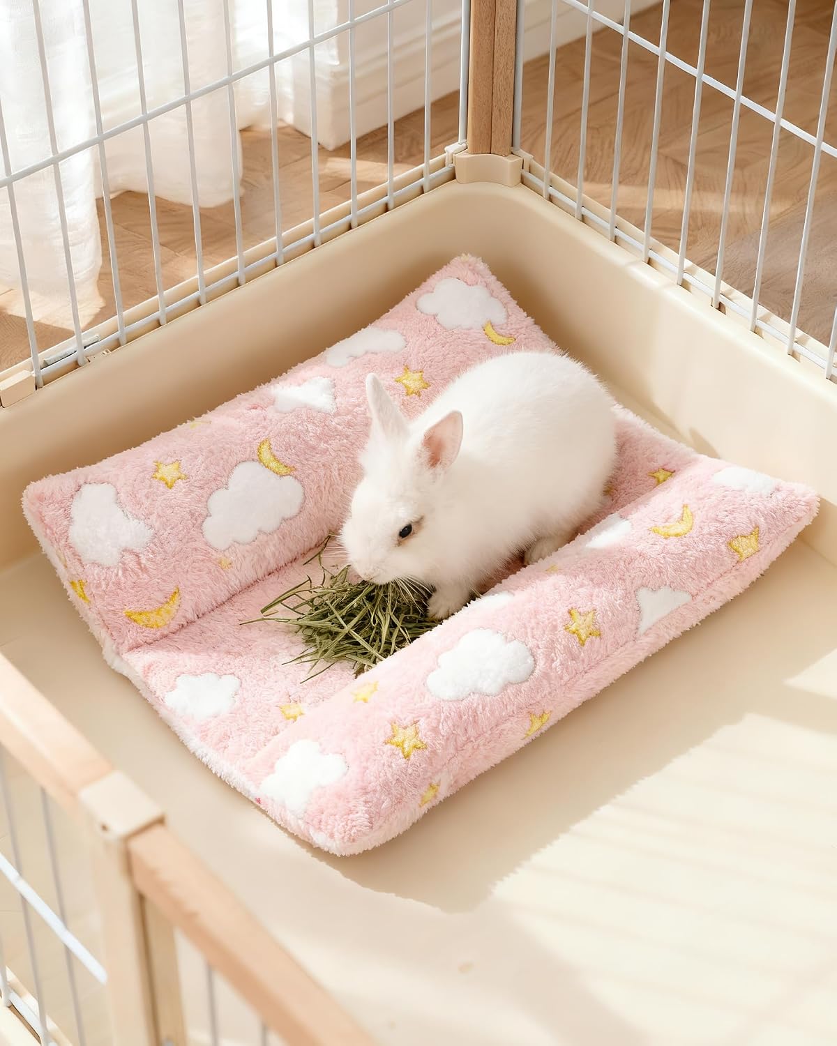 24x16 in Rabbit Bed Large Size - Warm & Comfortable Plush Rabbit Mat Pad with Star Pattern, Double-Sided Flannel Pet Pad Cozy Fleece Bedding for Bunnies, Guinea Pigs, Small Animals, Pink