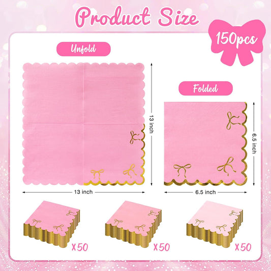 150 Pcs Gold Bow Pink Napkins, Gradient Pink Coquette Bowknot Luncheon Napkins with Gold Foil Scalloped Edges, Disposable Dinner Dessert Napkin for Bachelorette Bridal Wedding Tea Party Decor