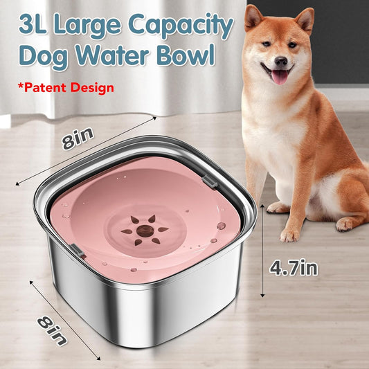 3L Stainless Steel Dog Water Bowl, No-Spill Slow Drinking Feeder