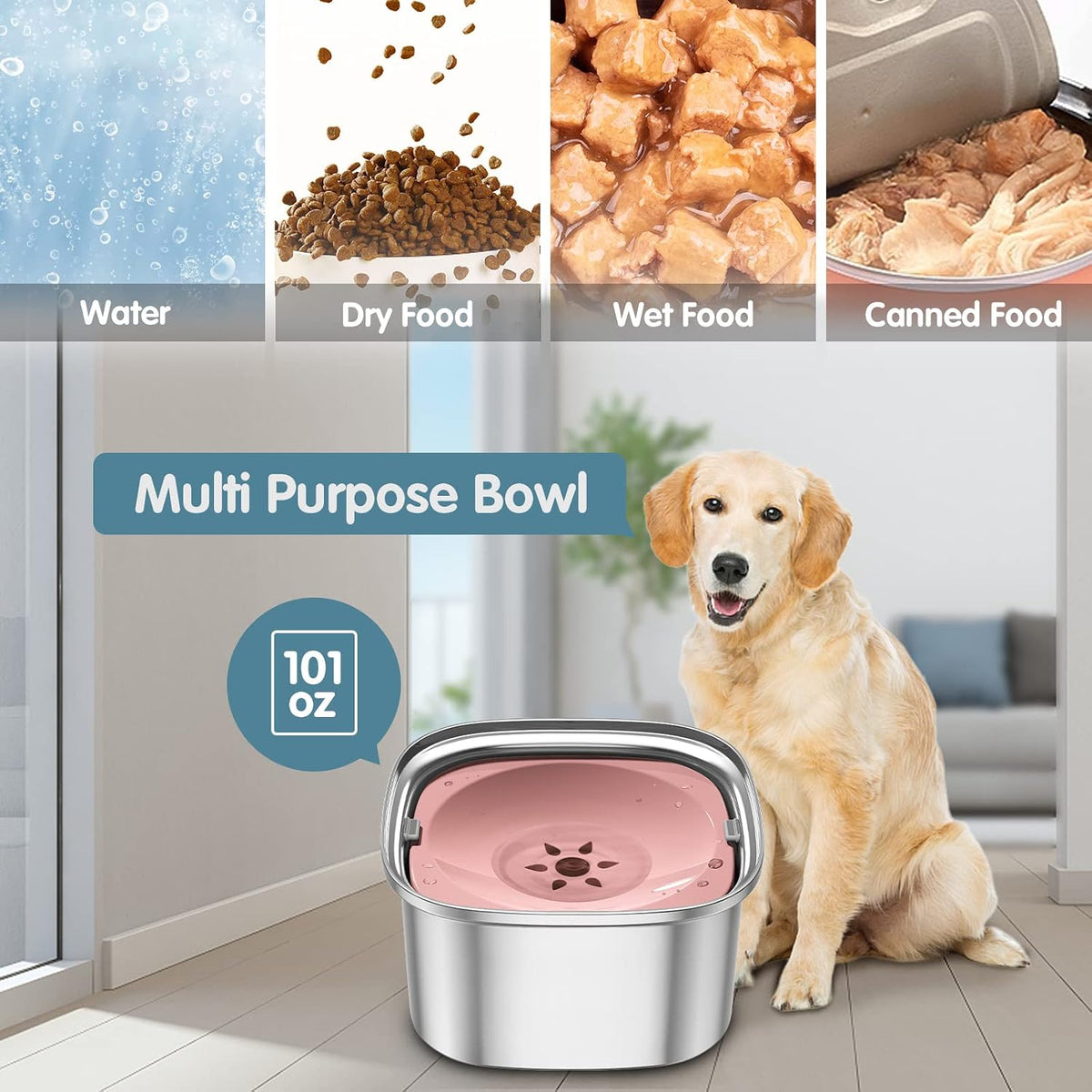 3L Stainless Steel Dog Water Bowl, No-Spill Slow Drinking Feeder
