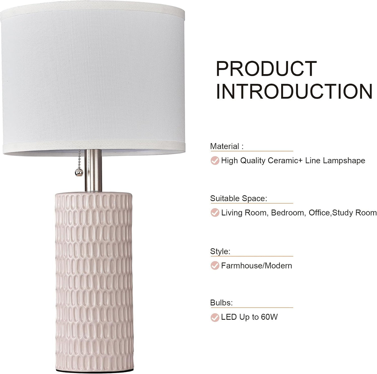 Modern Ceramic Table Lamps Set of 2, Lamps for Nightstands, Pink
