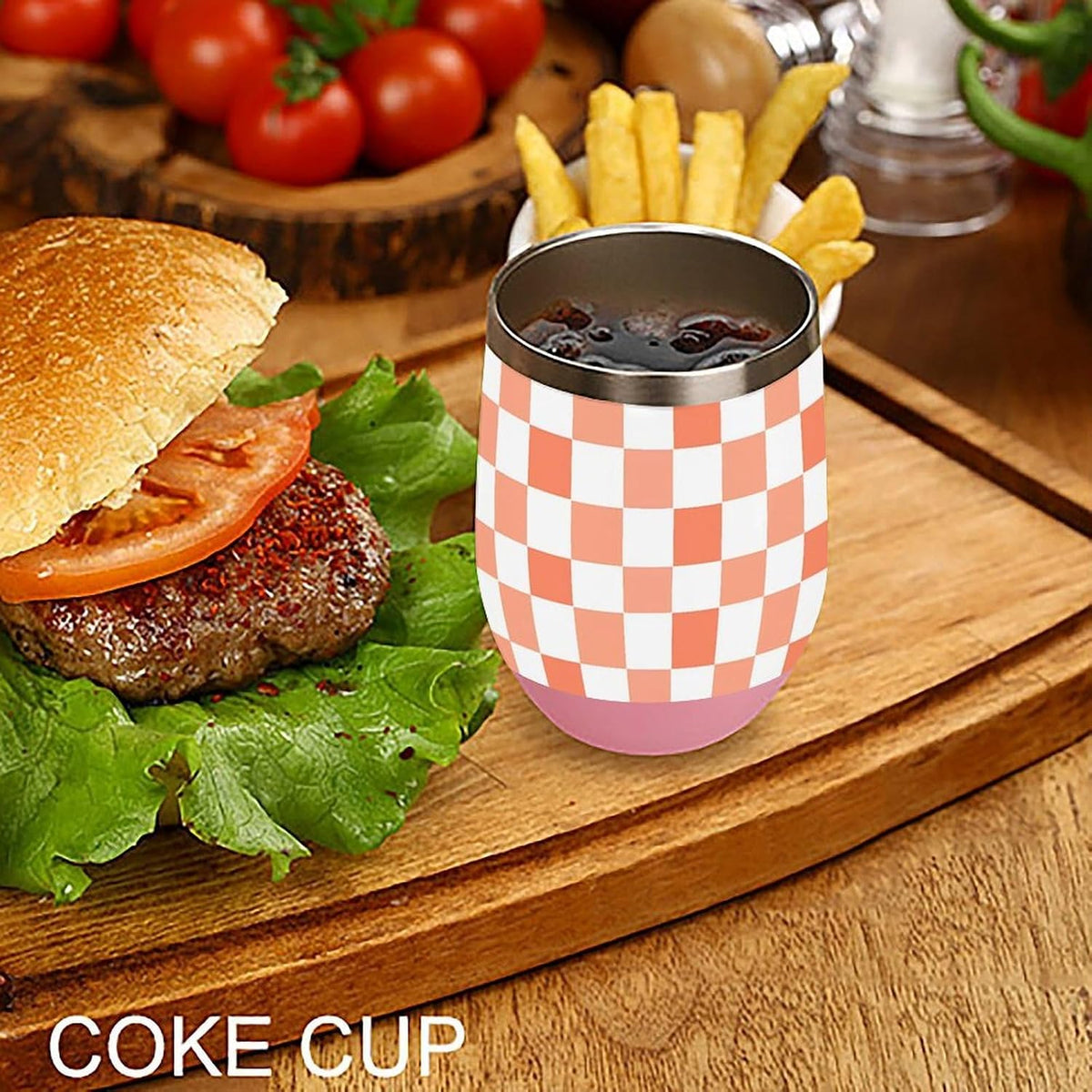 Peach White Checkered Plaid Pattern Insulated Wine Tumbler Glass with Lid Stainless Steel Coffee Beer Mug 12OZ