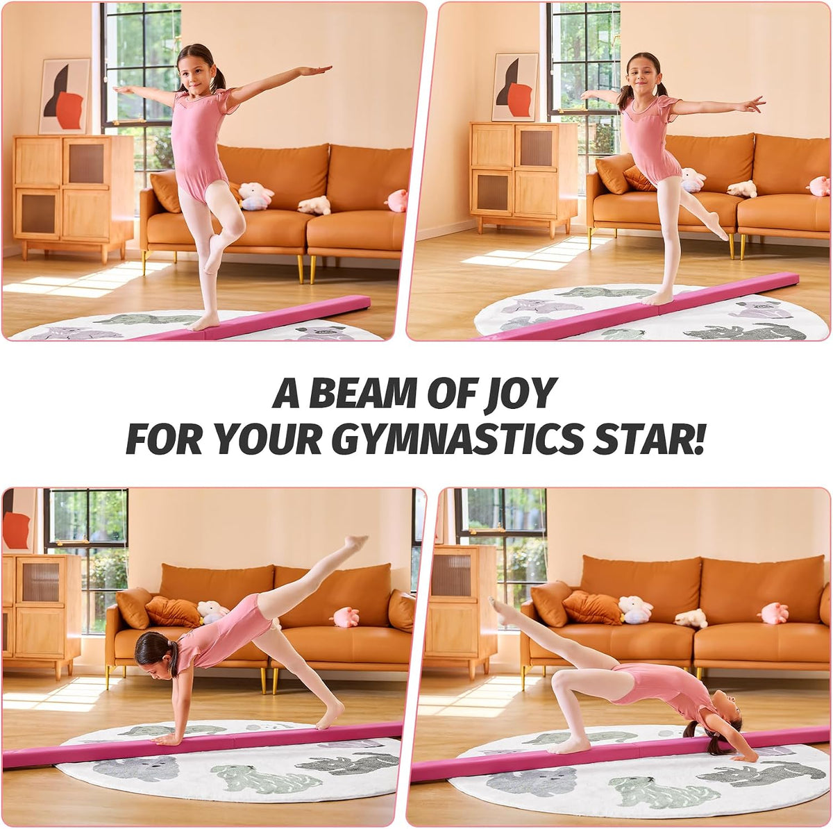 8' Folding Gymnastics Balance Beam, Floor Balance Beam w/Carry Handles Anti-Slip Base for Kids, Beginners & Professional Gymnasts