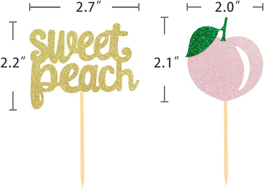 24Pcs Glitter Sweet Peach Cupcake Toppers Fruits Theme Party Dessert Cupcake Picks for Summer Birthday Baby Shower and Tropical Party Decoration Supplies