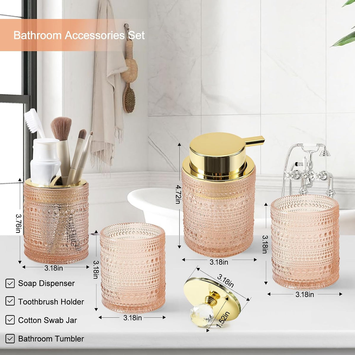 Bathroom Accessories Set,4Pcs Glass Bathroom Counter Set with Foaming Soap Dispenser,Toothbrush Holder,Bathroom Tumbler,Cotton Swab Jars, for Vanity Bathroom Decor(Pink A)