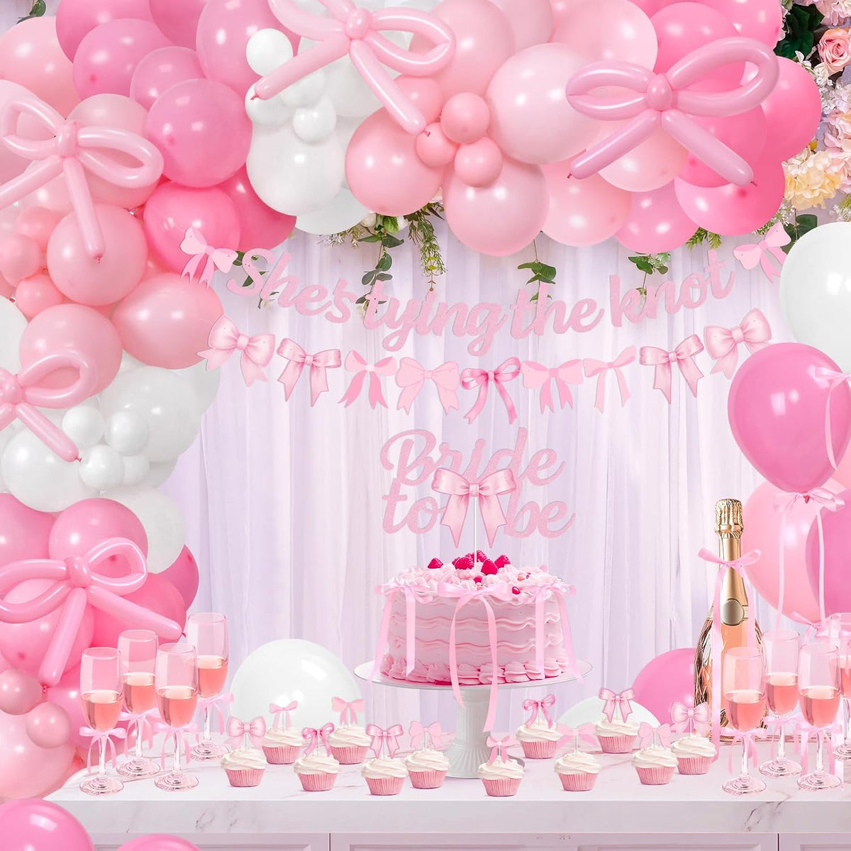 She's Tying The Knot Bridal Shower Party Decorations, Pink Bow Bachelorette Party Supplies, Bow Balloon Arch, She's Tying The Knot Banner, Bride To Be Cake Topper, Bow Veil & Satin Ribbon