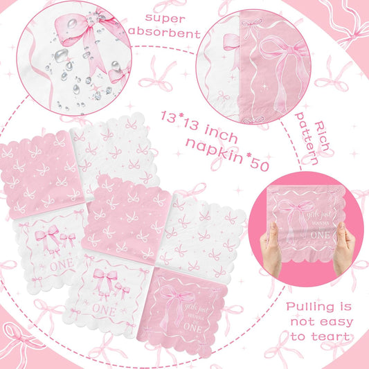 Pink Bow 1st Birthday Party Decorations 50pcs Girls Just Wanna Be One Napkins Disposable Coquette Birthday Paper Napkin for Girls Baby Shower Party Supplies