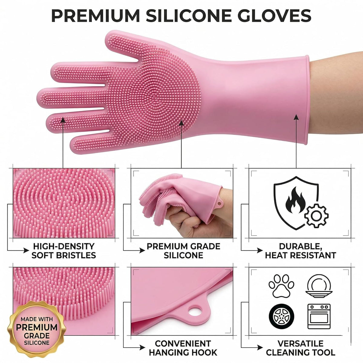 Dog Bath Gloves for Washing, Pet Grooming Gloves with Shampoo Brush, Dog Bath Brush for Dogs and Cats, Essential Dog Bath Supplies (1 Pair, Pink)