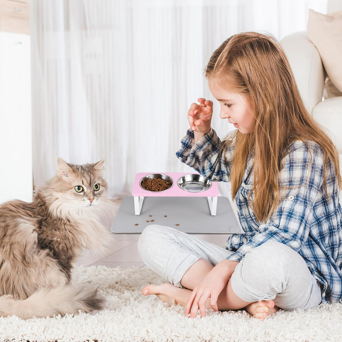 Upgraded Elevated Cat Bowls with Food Mat,15°Tilted Stand Anti Vomiting Raised Cat Dishes for Food and Water,2 Stainless Steel Bowls for Cats and Puppy(Pink)