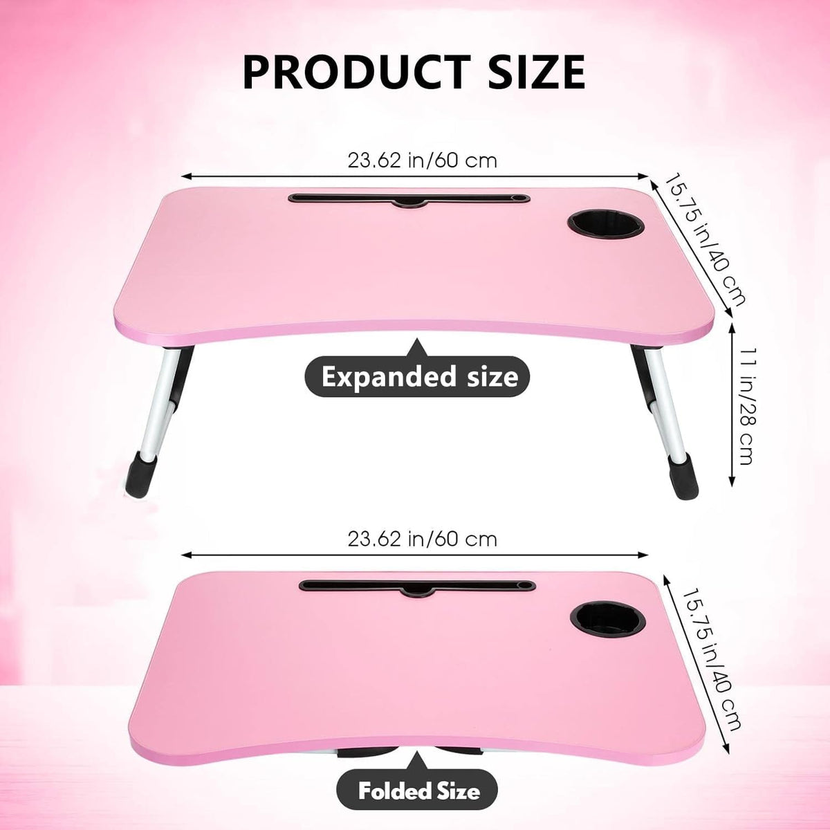 Foldable Lap Desk, 23.6 Inch Portable Wood Laptop Desk Table Workspace Office Organizer Bed Sofa Tray with Slots/Cup Holder/Drawer, Anti-Slip for Reading Writing Eating Watching (Pink)