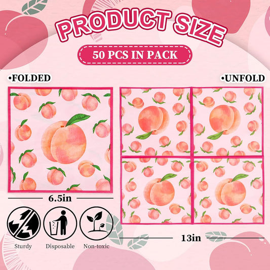 50 Pcs Peach Paper Napkins Watercolor Pink Peach Fruit Disposable Napkins Summer Luncheon Dinner Napkin for Birthday Baby Shower Party Table Supplies