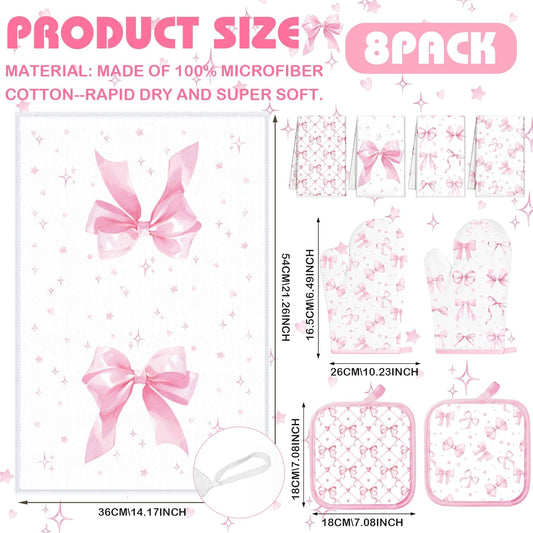 8 Pcs Pink Bows Kitchen Towels Pot Holders and Oven Mitt Set Coquette Kitchen Accessories 4 Dish Towels 2 Absorbent Square Potholders 2 Heat Resistant Glove for Cooking Baking Home Gifting