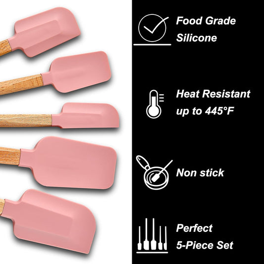 Pink Silicone Spatula Set, Food Grade Rubber Spatula-5 Piece Nonstick Rubber Spatulas, Spoonula, Jar Scraper for Cooking, Baking, Mixing