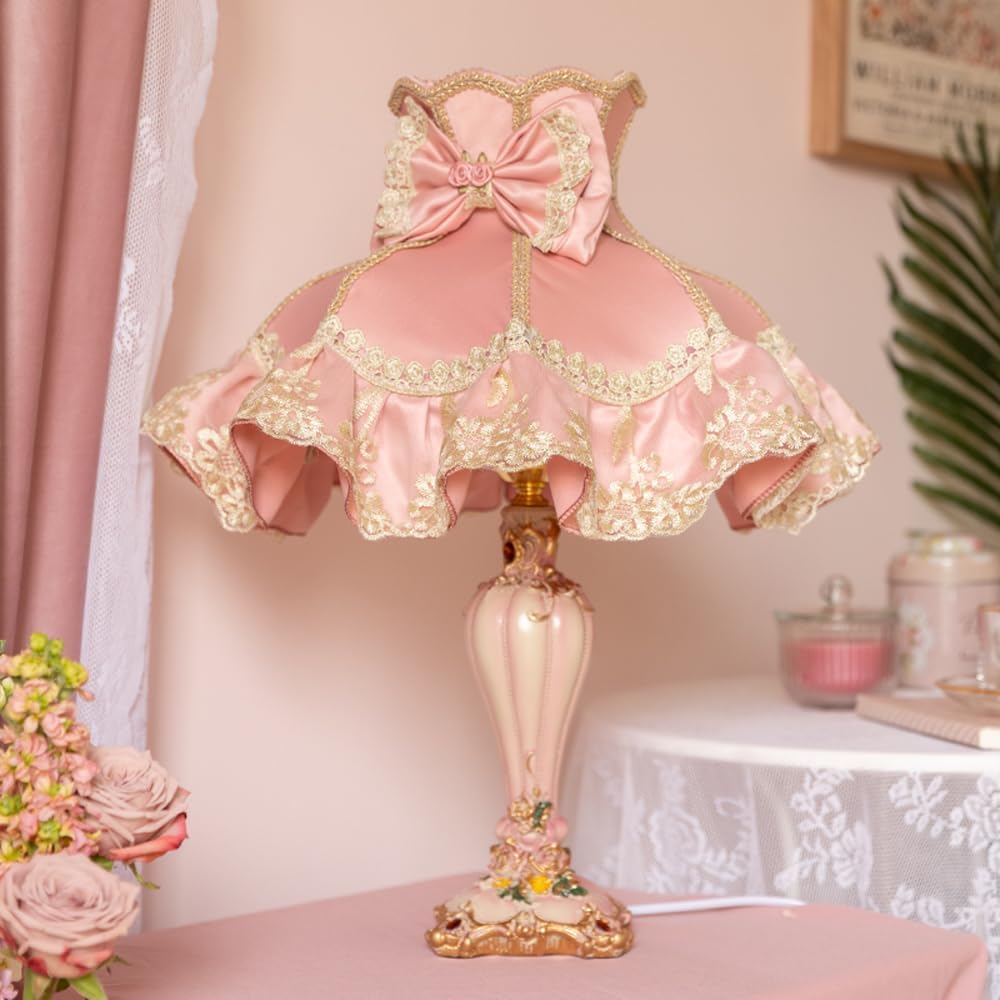 Vintage Pink Table Lamp Victorian Style Kids Table Lamp Girls Bedroom Rustic Bedside Lamp French Country Farmhouse Nightstand Lamp for Princess Room Children Room Nursery Desk Home