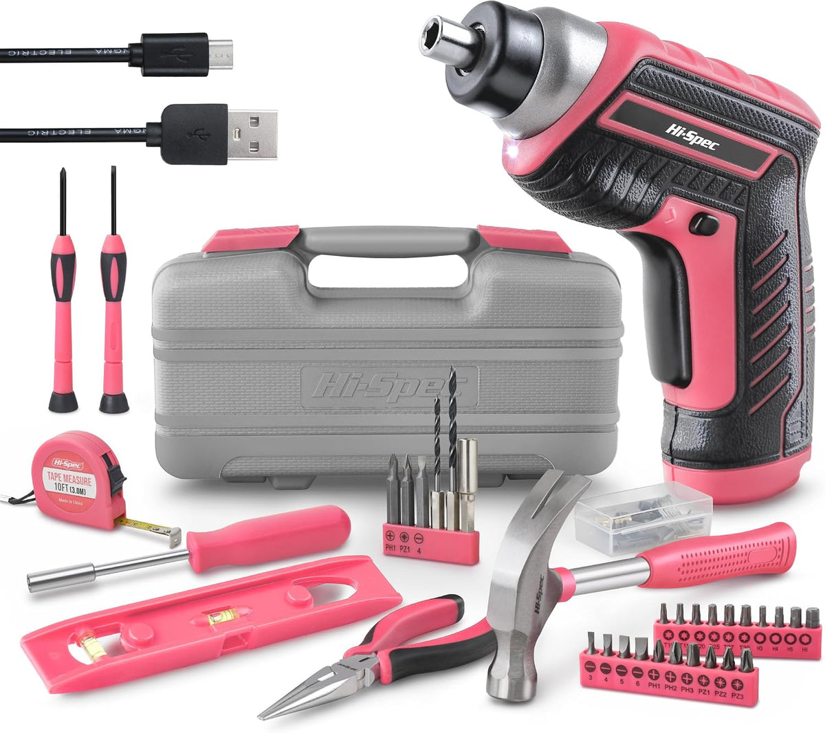 Hi-Spec 3.6V USB Electric Screwdriver for Home Repairs and Assembly, Pink