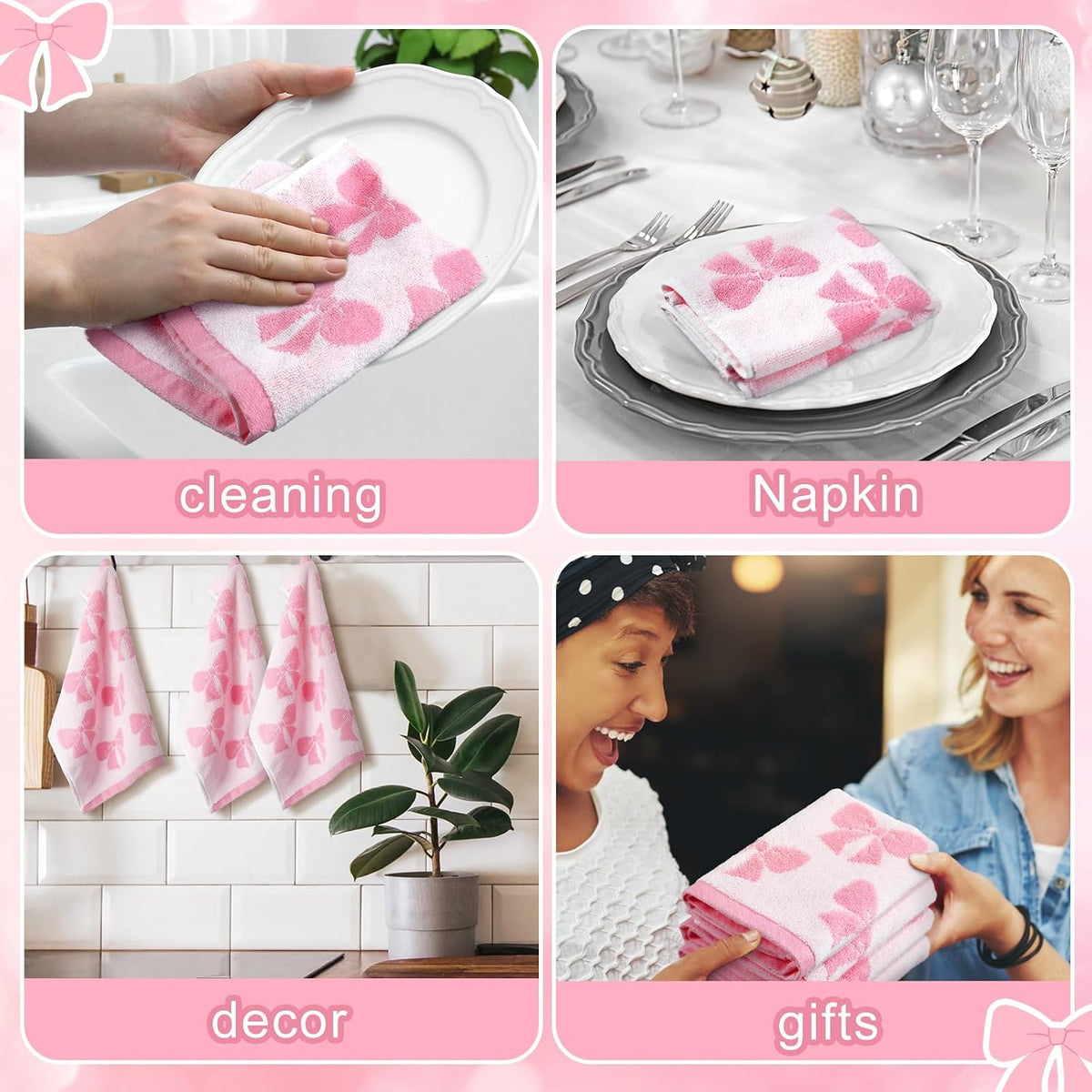 6 Pcs Pink Bow Washcloths 100% Cotton Wash Cloths 13" x 13" Coquette Small Face Towels Absorbent Soft Hand Bath Towels for Bathroom, Spa, Kitchen Drying Cleaning(Cute Style)