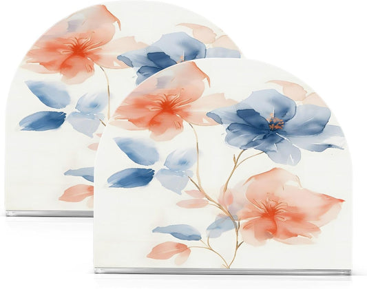 A Soft Watercolor Few Flowers Pastel Peach and Blue Tones on White Background with Thin Gold Metall Napkin Holder for Tables Paper Cocktail Napkin HoldersKitchen Dinning,Acrylic Dinner Napk
