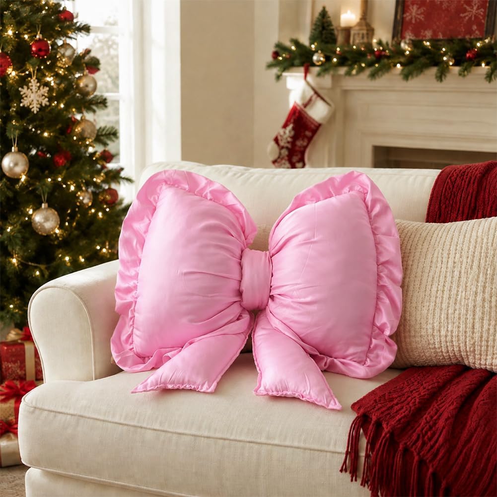 Pink Bow Pillow, Bow Shaped Decorative Throw Pillow for Sofa Couch Bed, Cute Coquettish Bowknot Lumbar Support Cushion for Office Chair Car Seat Home Room Decorations (Pink)