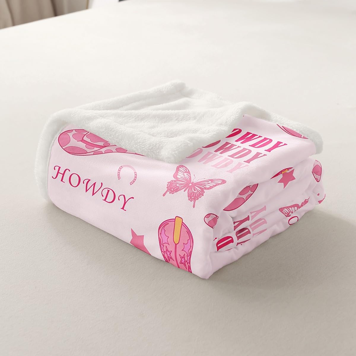 Cowgirl Boots Fleece Blanket,Western Tribal Horseshoe Cap Cowhide Print Bed Blanket for Adults Teens,Pink Butterfly Stars Daisy Flowers Graffiti Room Decor,Super Soft Flannel Blanket,40"x50"