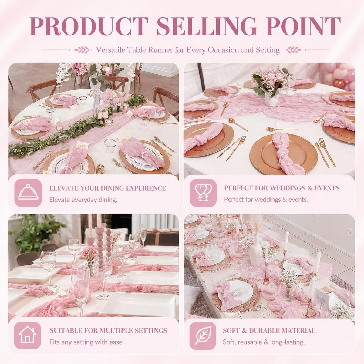 12 Pack Pink Cheesecloth Table Runner 17x108 Inch Boho Rustic Semi Sheer Gauze Cheese Cloth Table Runner for Wedding Bridal Shower Baby Shower Party Farmhouse Dining Table Decor