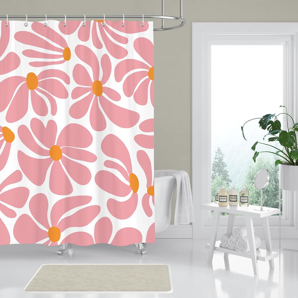 Boho Pink Shower Curtain Set, Modern Aesthetic Decor 72x72 inches