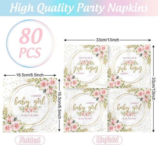 80 Pcs Sweet Baby Girl Paper Napkins It's a Girl Baby Shower Disposable Napkins Watercolor Pink Floral Napkins for Girl Baby Shower Party Supplies Table Decor
